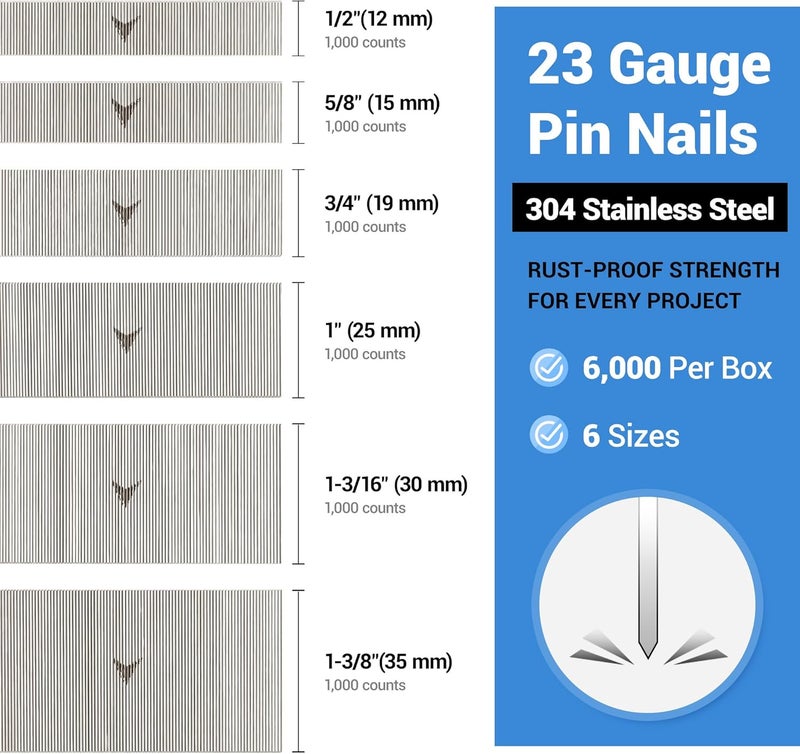 Meite 23 Gauge Stainless Steel Nails, Assorted 6 Sizes (1/2", 5/8", 3/4", 1", 1-3/16", 1-3/8") 304 Stainless Steel Headless Nails - Micro 23GA Nails for Nail Gun - Image 2